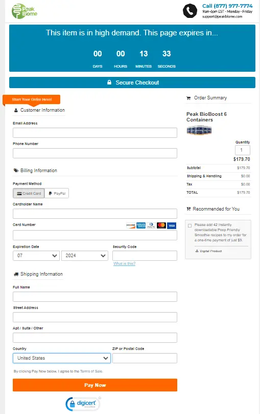 Peak BioBoost order page